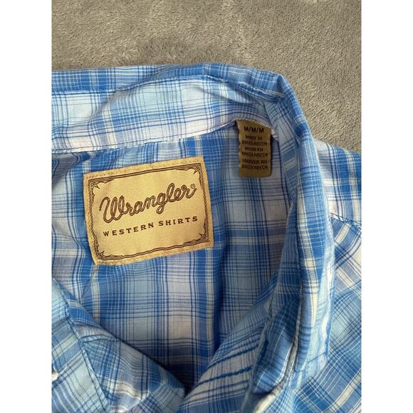 Wrangler Pearl Snap Collared Shirt Size Medium Western Short Sleeve Blue Plaid - Picture 4 of 8